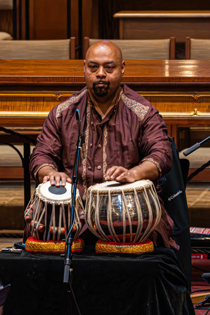 Anil Prasad playing tabla, 1 June 2024; photo by Mel Melton