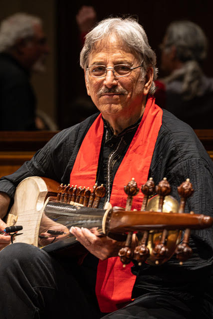 Richard Russell with sarod, 1 June 2024; photo by Mel Melton